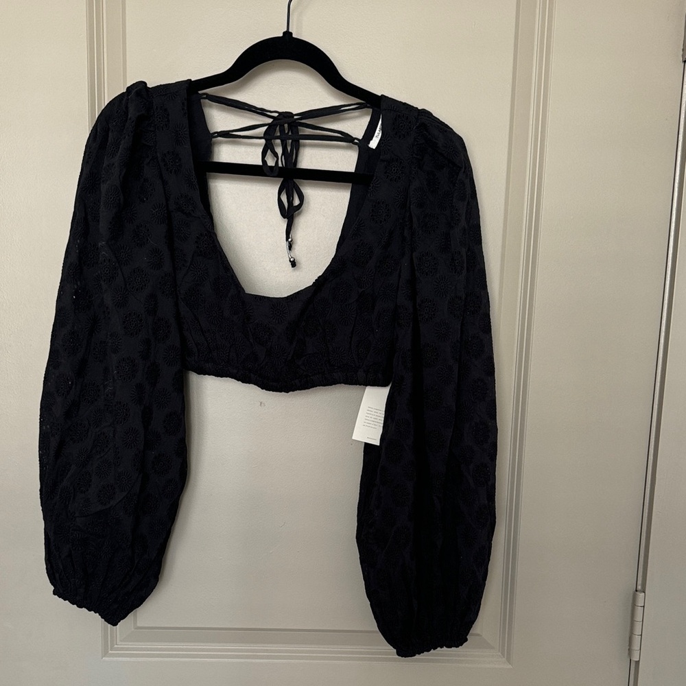 NWT Cropped Black Textured Blouse with Tie Back